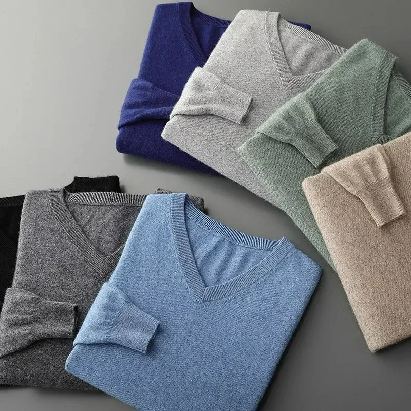 Men's Cashmere Warm Pullovers Sweater V Neck Knit Autumn Winter Fit Tops Male Wool Knitwear Jumpers Bottoming shirt Plus Size 4