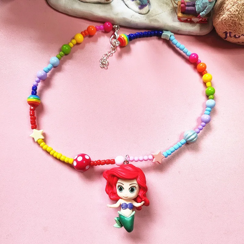 Disney Princess Mermaid Cartoon Cute Snow White Colorful Beaded Necklace Neck Chain Adult Children's Necklace Accessories