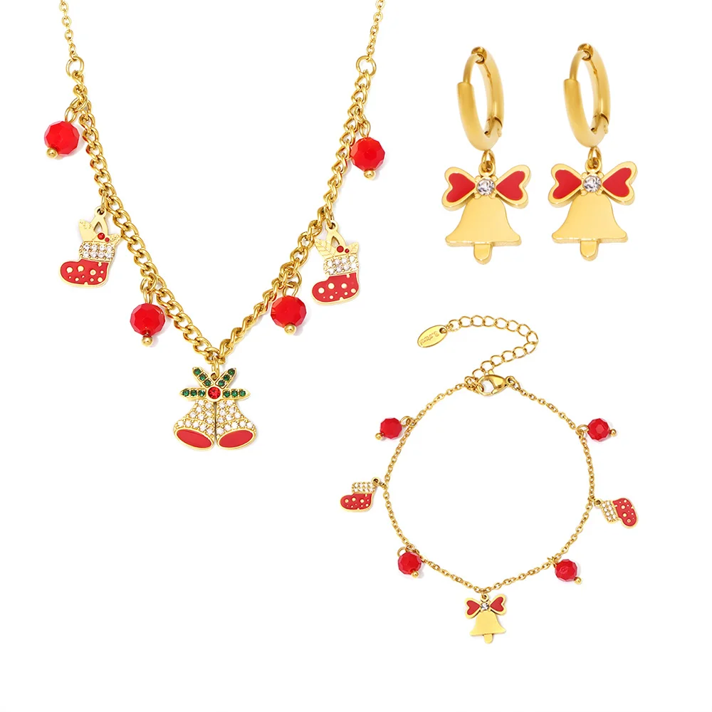 Exquisites Weihnachtsglocken-Schmuckset für Damen: Halskette, Ohrringe, Armbänder aus Edelstahl mit Kubanischer Kette und Rotem Achat – Detail 10