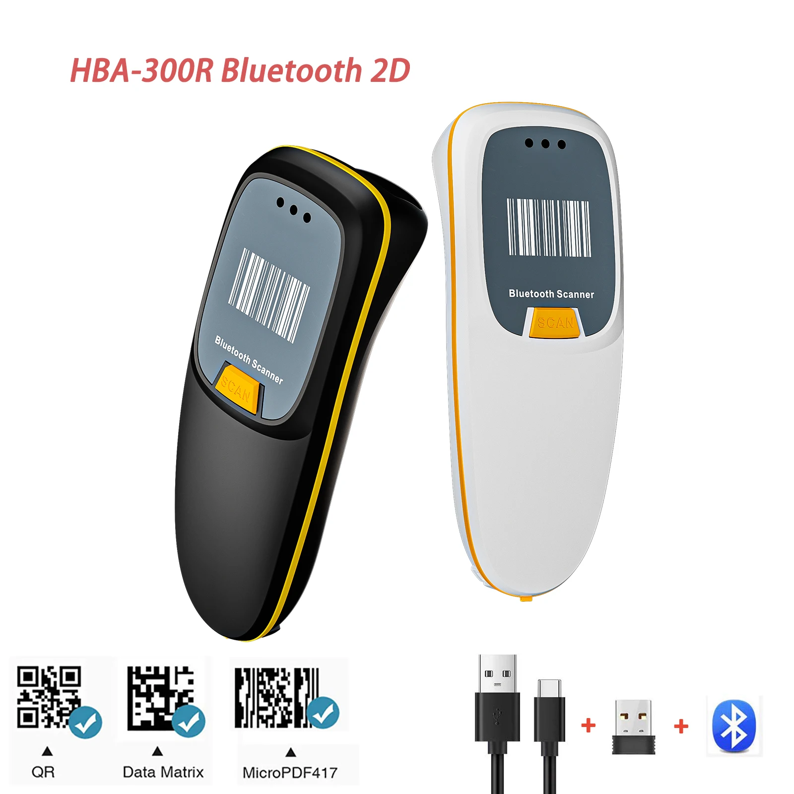 HBA-300R 무선 CMOS 바코드 스캐너, USB 블루투스 미니 포켓 QR 리더, IOS 안드로이드 윈도우, 모바일 결제, 2D, 1D