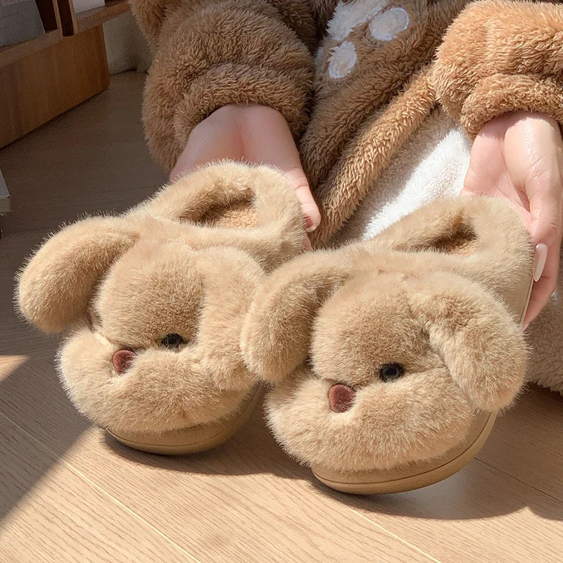 Faux Fur Cute Dogs Cotton Slippers Women Thick Bottom Non Slip House Cotton Slippers Woman Winter Indoor Warm Plush Sides Lady