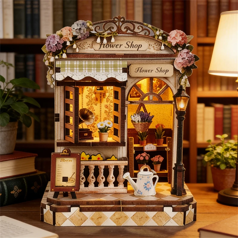 DIY 목재 미니 목조 오두막 독서실 미니어처 모델 키트 가구 포함 LED 조명 인형집 친구 생일 선물