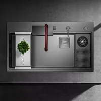 อ่างล้างจานมัลติฟังก์ชั่นสแตนเลส ASRAS 304 พร้อมอ่างล้างจานสีเทานาโนขั้นบันไดสองชั้นและอุปกรณ์ล้างถ้วย 4