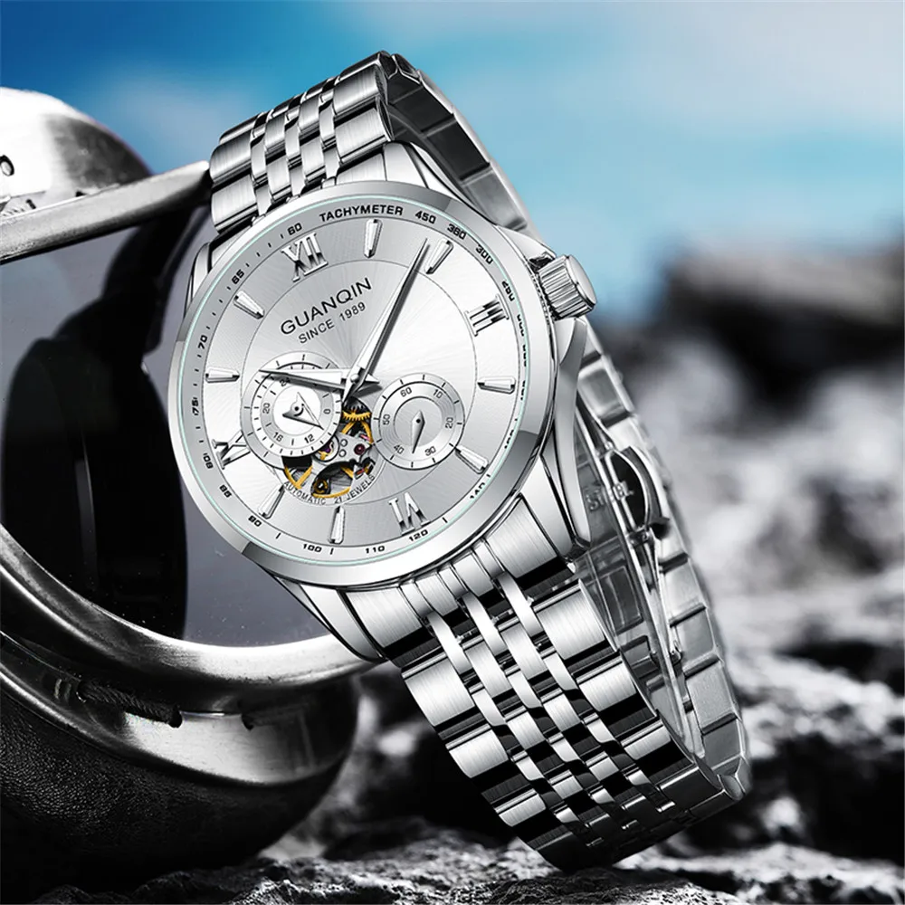GUANQIN Reloj de pulsera para hombre accesorio masculino con mecanismo automatico de Tourbillon complemento deportivo mecanico de marca de lujo