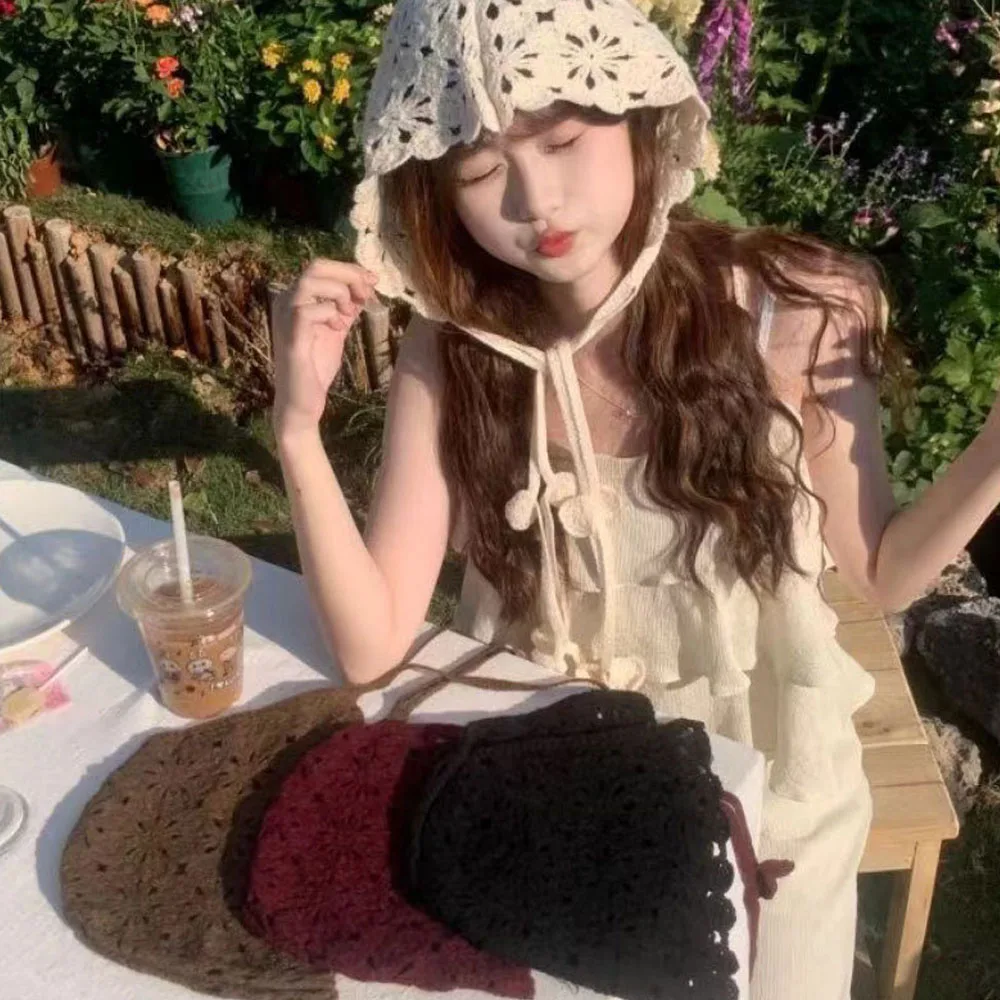 Vintage Handmade Knitted Hats for Women Solid Crochet Caps Crocheted Hat Beanies Caps Thin Hollow Spring Travel Concave Strap 3