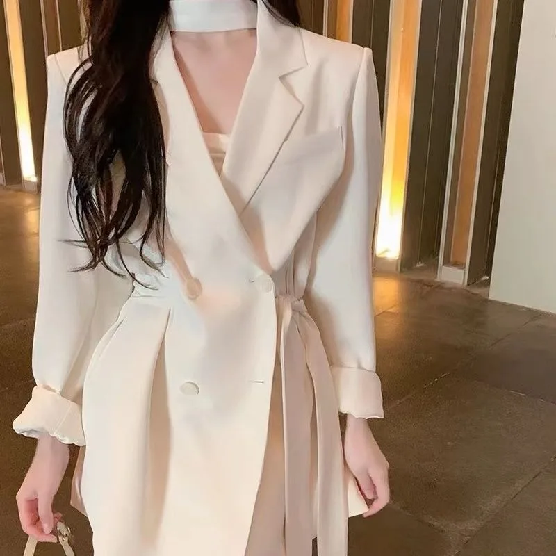 

Lnsozkdg Spring Autumn Blazers for Women Notched Long Sleeves Double Breasted Office Lady Fashion Coats Clothes 2024 New Coats