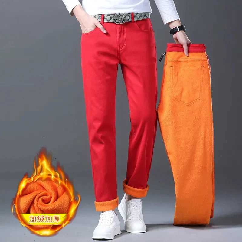 

2023 Winter New Men's Fleece Warm Jeans Classic Style Business Casual Thicken Regular Fit Denim Pants Red Brand Trousers
