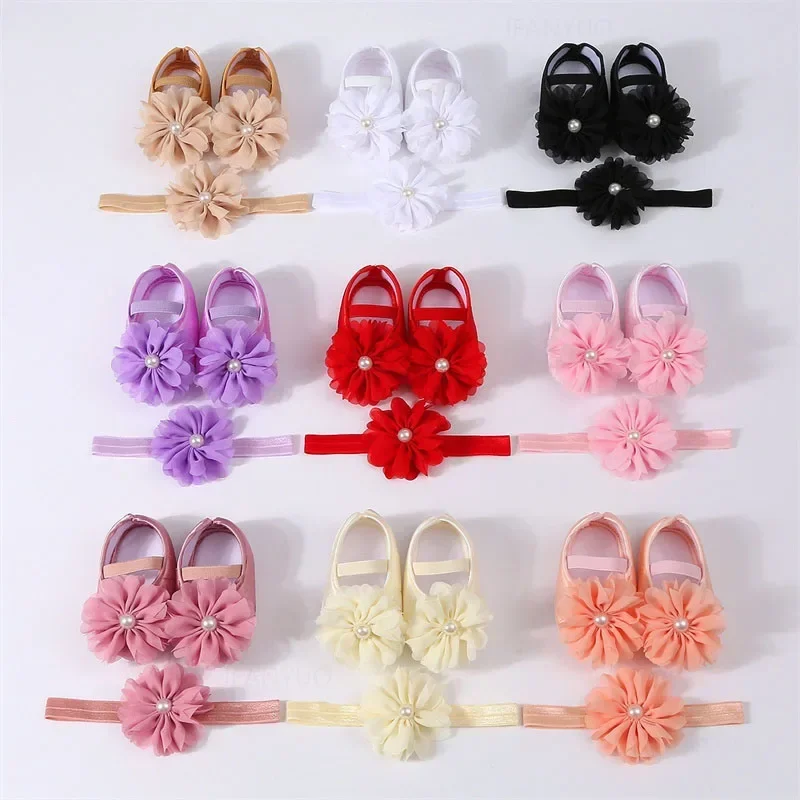 Newborn Girls Baby Shoes Party Pearl Flower Lace Baby Girl Headband Set Non Slip Cute Preschoolers Toddler Infant First Walkers 2
