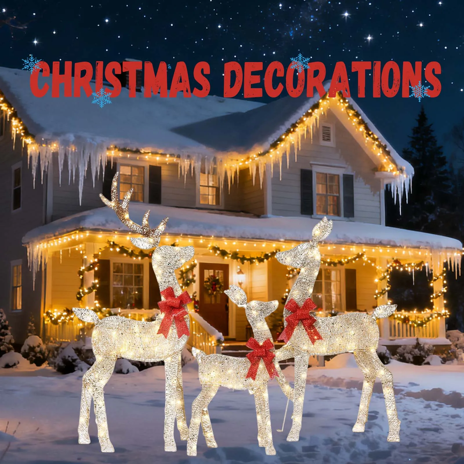 Beleuchtetes 2,5D 3-teiliges Rentier-Familienset mit 145 warmen LED-Lichtern, Weihnachtsdekoration für den Außenbereich für Hof und Veranda, passend für Weihnachtskörper.