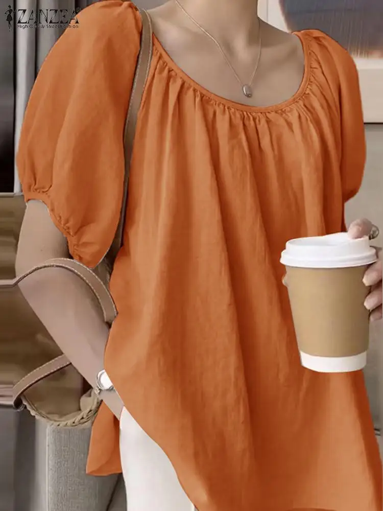 

ZANZEA Women Puff Short Sleeve Tops Tunic Holiday Cotton Blouse 2024 Summer Pleated Solid Blusa Casual Loose Female Sweety Shirt