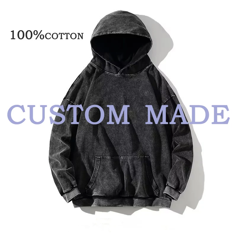 

Hai Customizable Hoodies 100% Cotton Men's Clothing Vintage Black Acid Wash Casual Pullover Men HipHop Sweatshirts Y2K Clothes