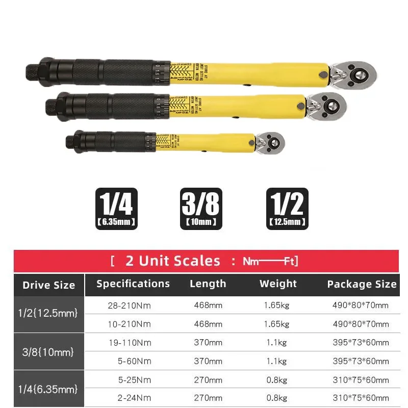 

1/2 3/8 1/4 2-210N.m Torque Wrench Precise Reversible Ratchet Torques Key Professional Bicycle Motorcycle Car Automotive Tool