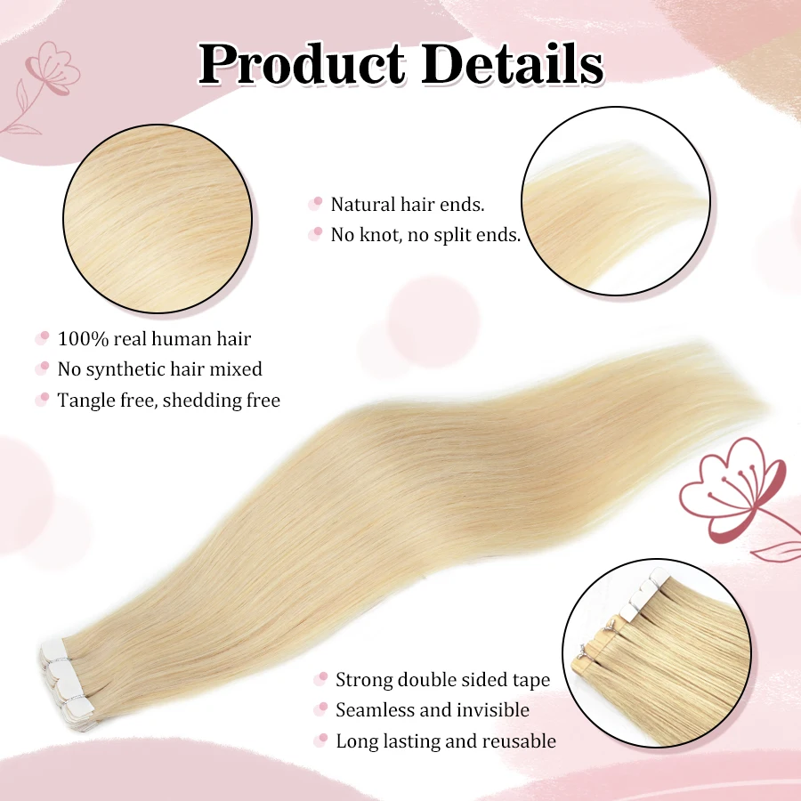 Tape In Hair Extensions Natural Human Hair Straight Adhensive Invisible Tape Ins Blonde #613 10PCS For Women human hair extensions hair extensions
