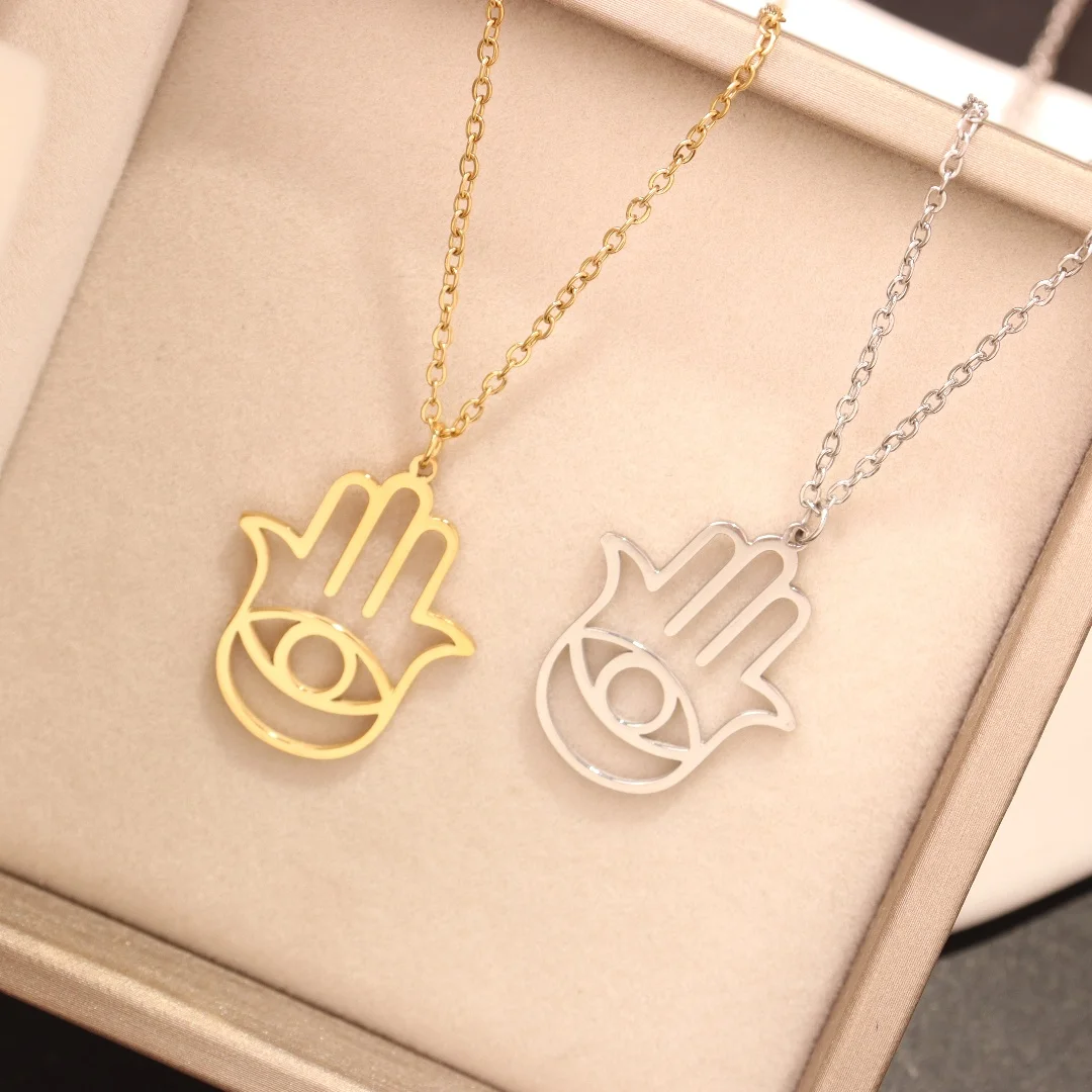 Neue Mode Fatima Hand Hamsa Palmen schutz Anhänger runde Kreuz kette kurze lange Herren Damen Silber Farbe Halskette Geschenk