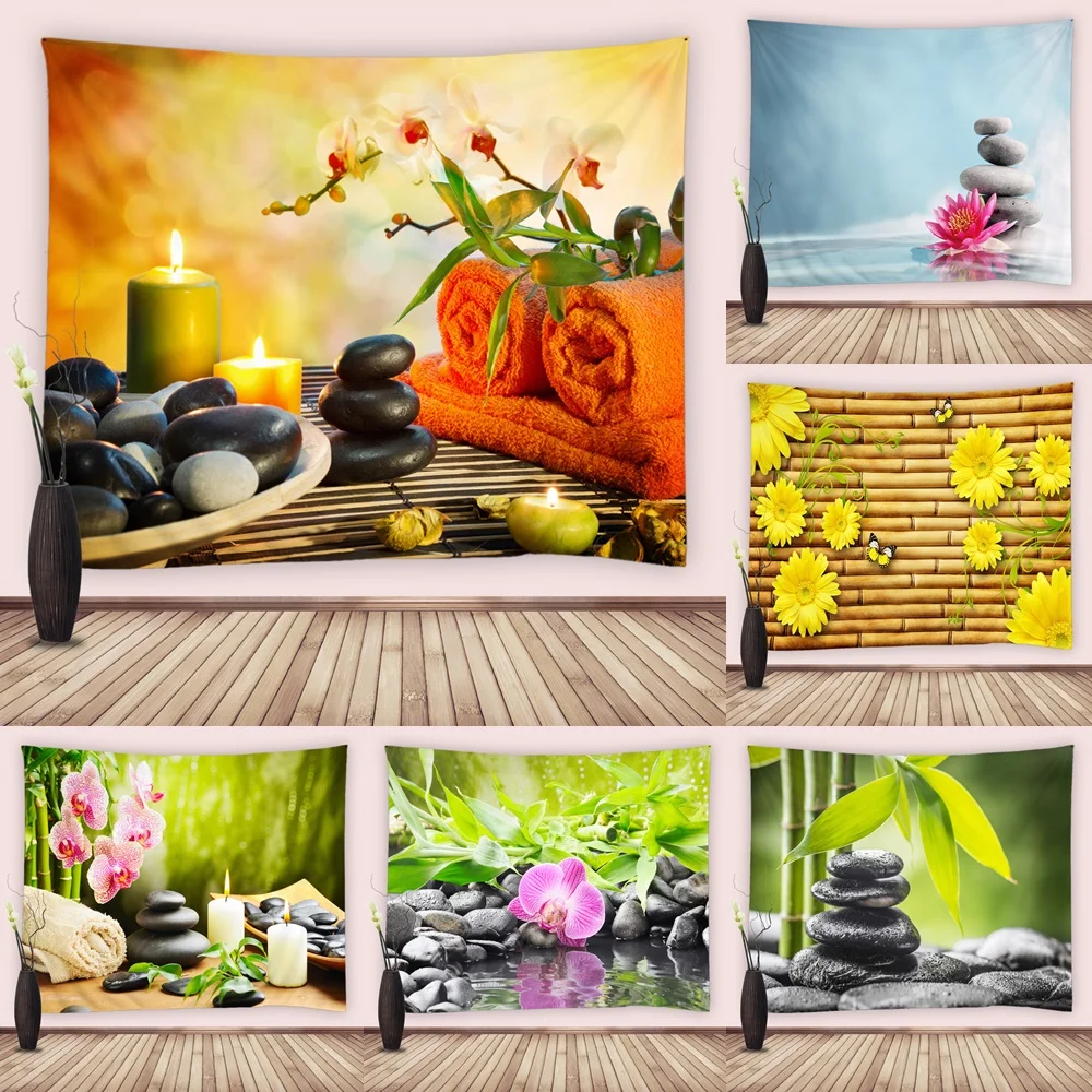 

Spa Tapestry Bamboo Zen Meditation Basalt Stones Flower Garden Scenery Tapestries Wall Hanging Art for Bedroom Living Room Decor