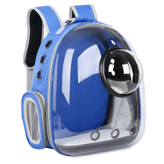 Lightweight blue cat backpack with bubble window and ventilation holes for easy viewing and airflow. Perfect for pet travel, designed for comfort and safety during trips.