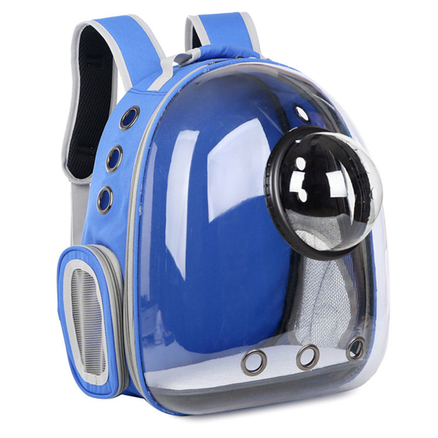 Lightweight blue cat backpack with bubble window and ventilation holes for easy viewing and airflow. Perfect for pet travel, designed for comfort and safety during trips.