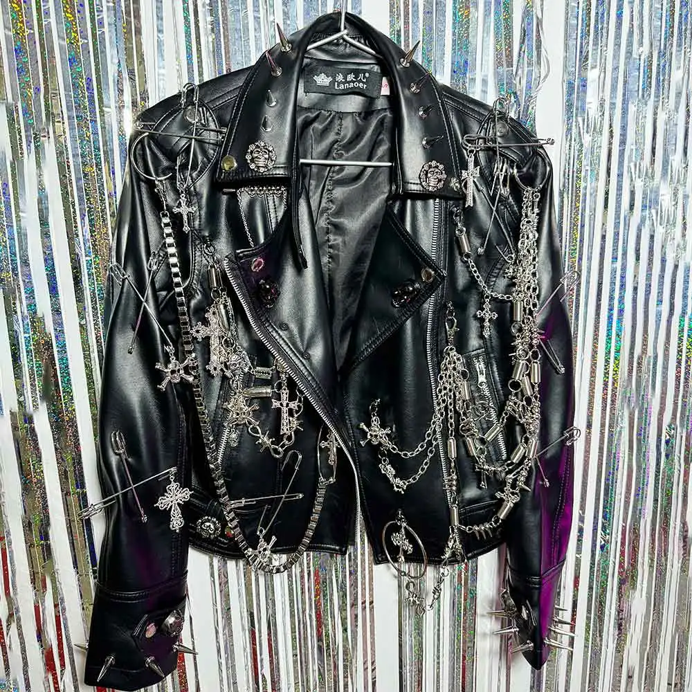 Chain Goth Grunge Y2K Vegan Leather Jacket Harajuku Emo DIY Hand