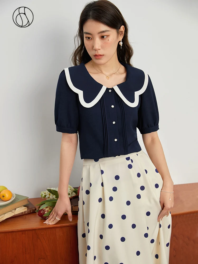 

DUSHU Sweet College Style Contrast Color Big Doll Collar Shirt for Women Summer New Age-reducing Single-breasted Top Female