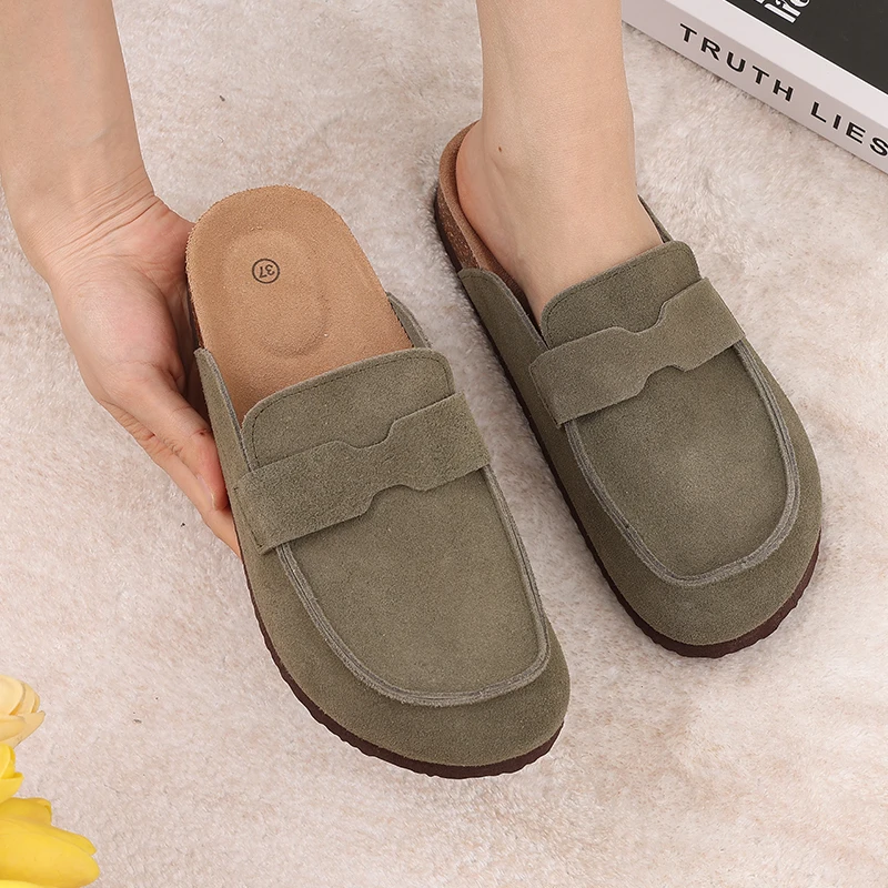 Women's Leather Mules Suede Clogs With Adjustable Strap Cork Sole_voghion.com