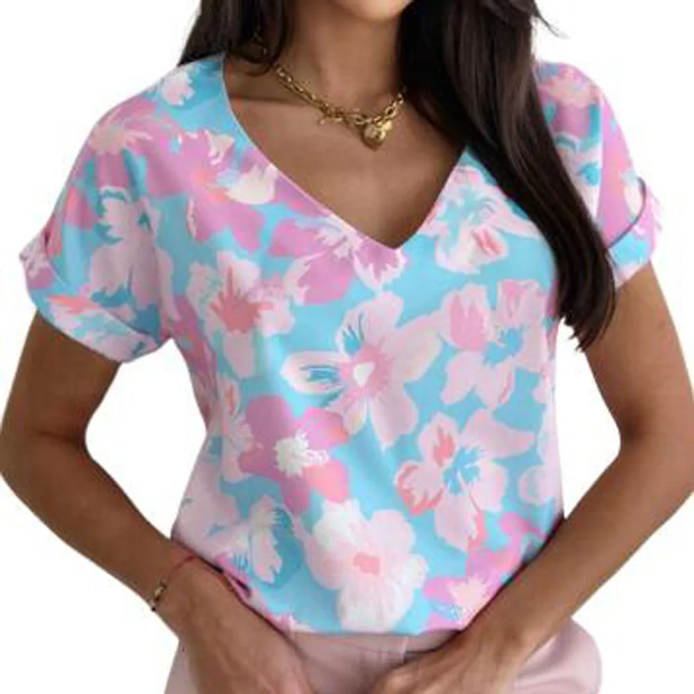 Women Floral Print V Neck Short Sleeve Blouse Top