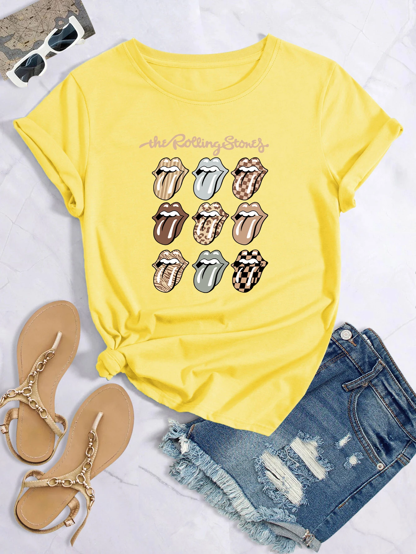 Plu Size 'The rolling tone' Tee,Print Crew Neck T-hirt,Women' Caual Looe Short Sleeve Fahion Summer T-Shirt_voghion.com