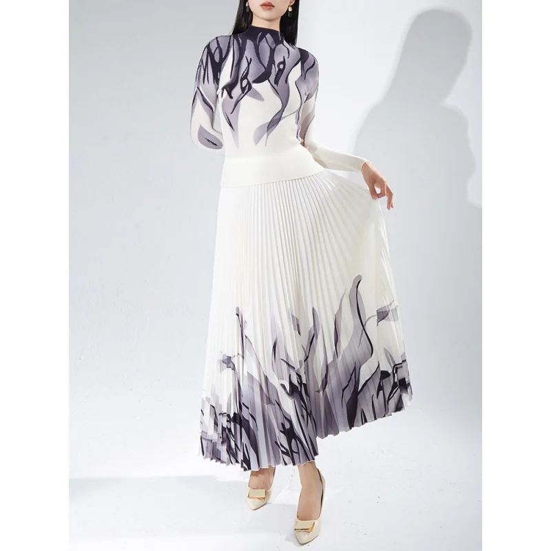 Fashion Print Pleated 2 Pieces Set Women Long Sleeves Tops High Waist A-line Skirt Elegant Party 2023 Autumn New 17G663 summer dress elegant maxi dress with bat sleeves layered hem for women soft pleated breathable ankle length party prom attire