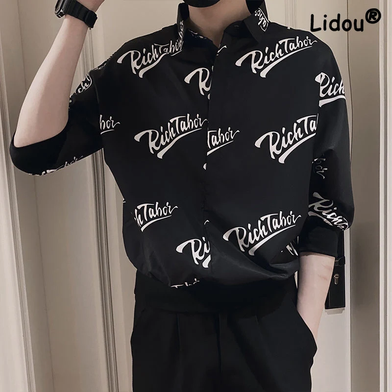 Casual Fashion Printing Letter Man Shirt New Five-point Sleeve High Quality Point Collar Street Wear Trend All-match Top 2022