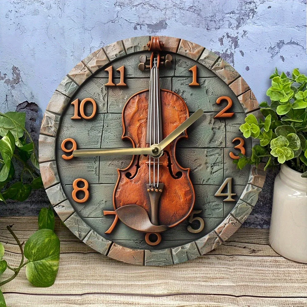Wooden Wall Clock with Violin Design, Ideal for Home & Office Decoration, Requires AA Batteries 5