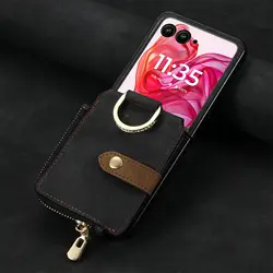 Luxury PU Leather Card Holder Phone Case with Ring Wallet Design for Motorola Razr 70 (Black)