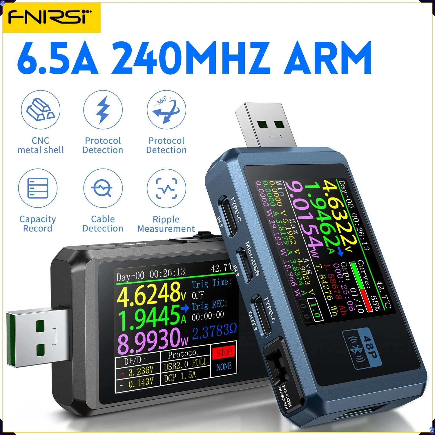 FNIRSI FNB48P USB 배터리 테스터 전압 전류 전력 LCD 감지기 미터 Type-C 고속 충전 감지 트리거 용량 모니터