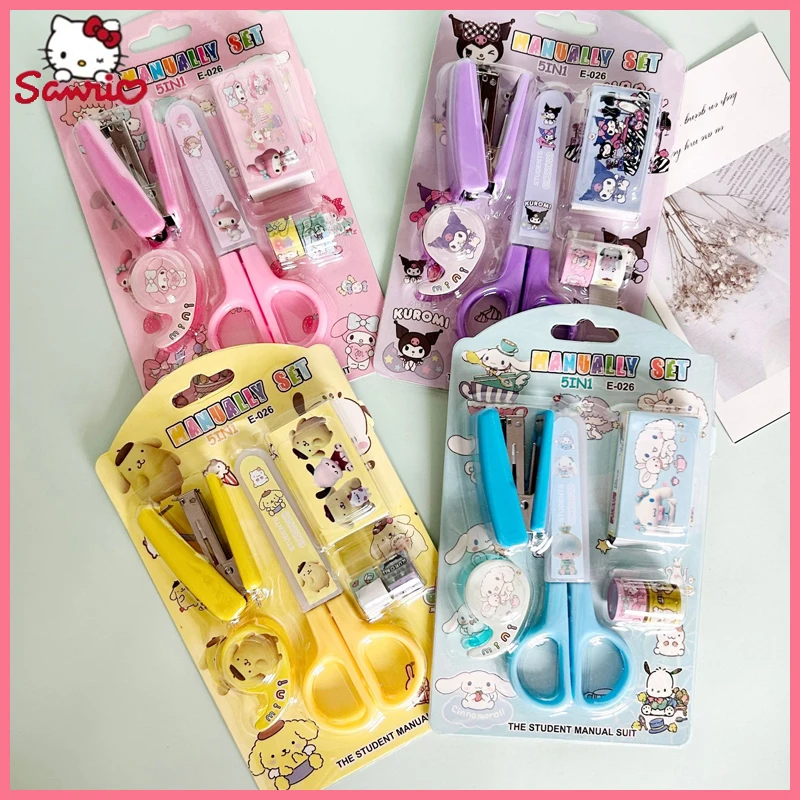 

Sanrio Cartoon Creative Kawaii Portable Stationery Set Student Stationery Scissors Stapler Tape Sticker Set School Supplies Gift