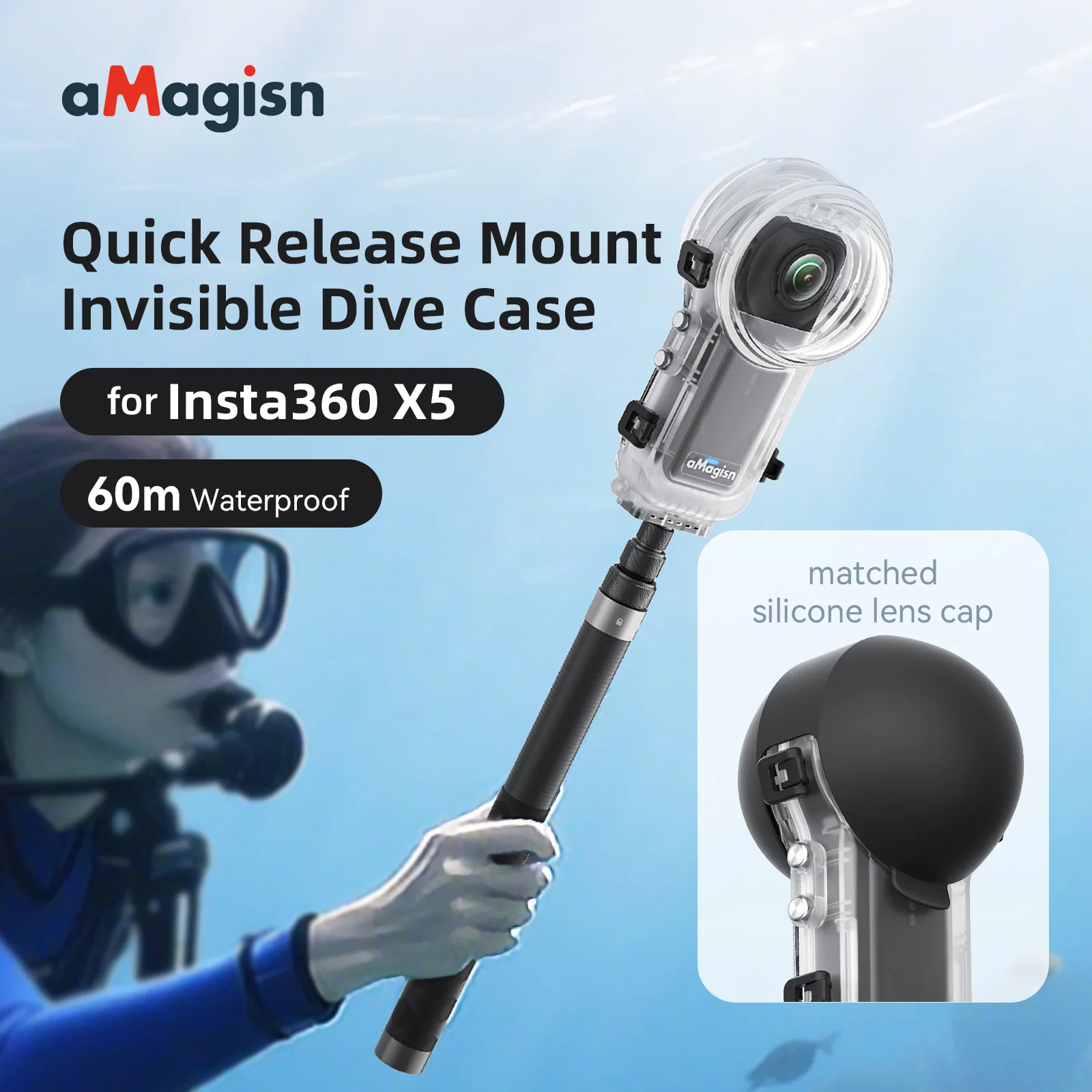 AMagisn Insta360 X5용 방수 케이스 - X5 액세서리용 60m 깊이의 투명 다이빙 하우징