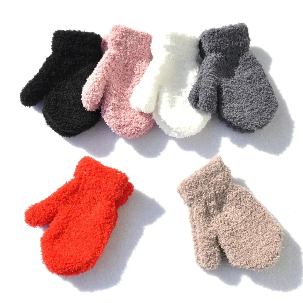 Warm Plush Thick Warm Baby Gloves Winter Plus Velvet Mittens Children Kid Coral Fleece Full Finger Gloves For 1-4Y Kids