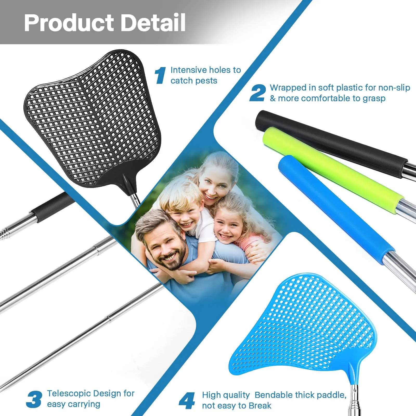 Fly Swatter Telescopic Long Handle Durable Plastic with Stainless Adjustment Mosquito Repellent Tool Home Accessories