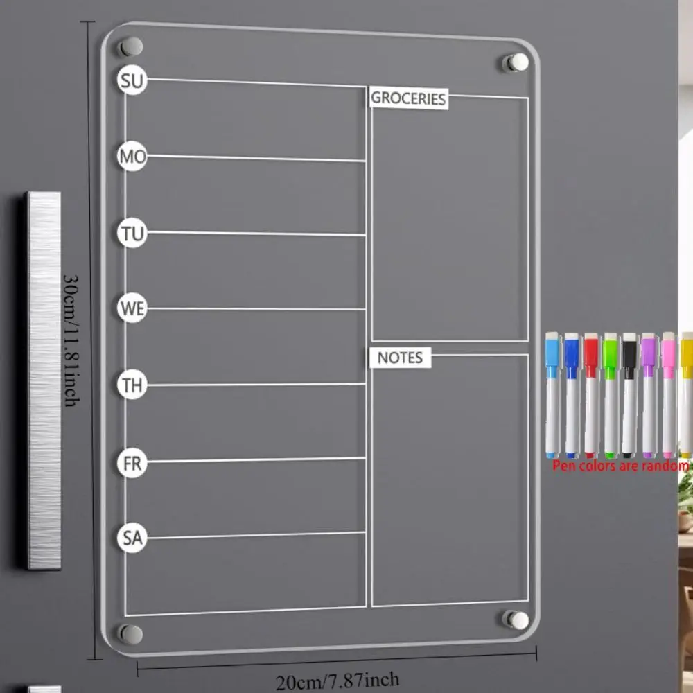 Magnetic Acrylic Weekly Planner with 8 Markers - Transparent, Reusable, Frameless Design