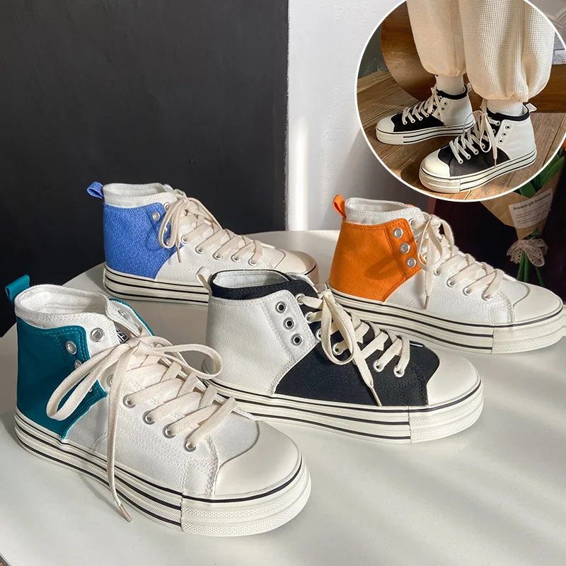 2022 Spring High-top Thick-soled Canvas Shoes Women's Classic Wild Ins Street Shooting Color-blocking Women |