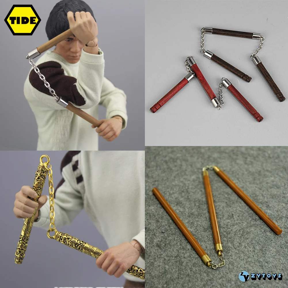 1/6 Scale Alloy and Wooden Martial Arts Nunchaku Three Section Stick Model Toys for 12" Action