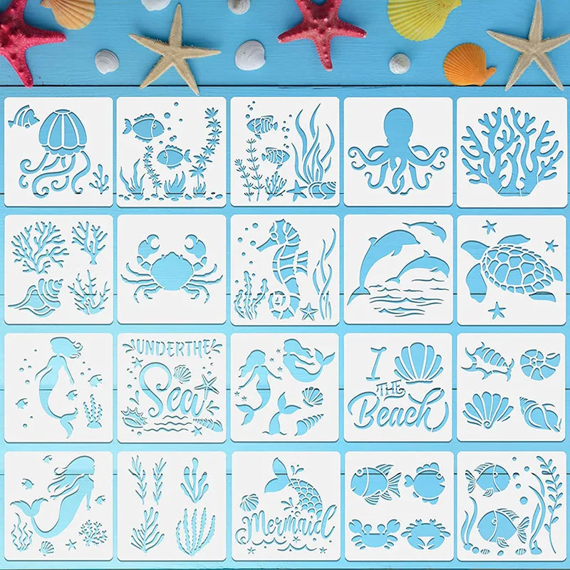 Reusable Sea Ocean Creatures Painting Stencils Kids Drawing Boards Cartoon Mermaid Turtle DIY Paint Templates Set Learning Tools