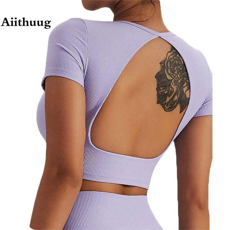 

Aiithuug Padded Cup Backless Yoga Crop Tops Short Sleeve Gym Tops Sexy Back Crops Sports Workout Bra Yoga Bras Back Hollow Out