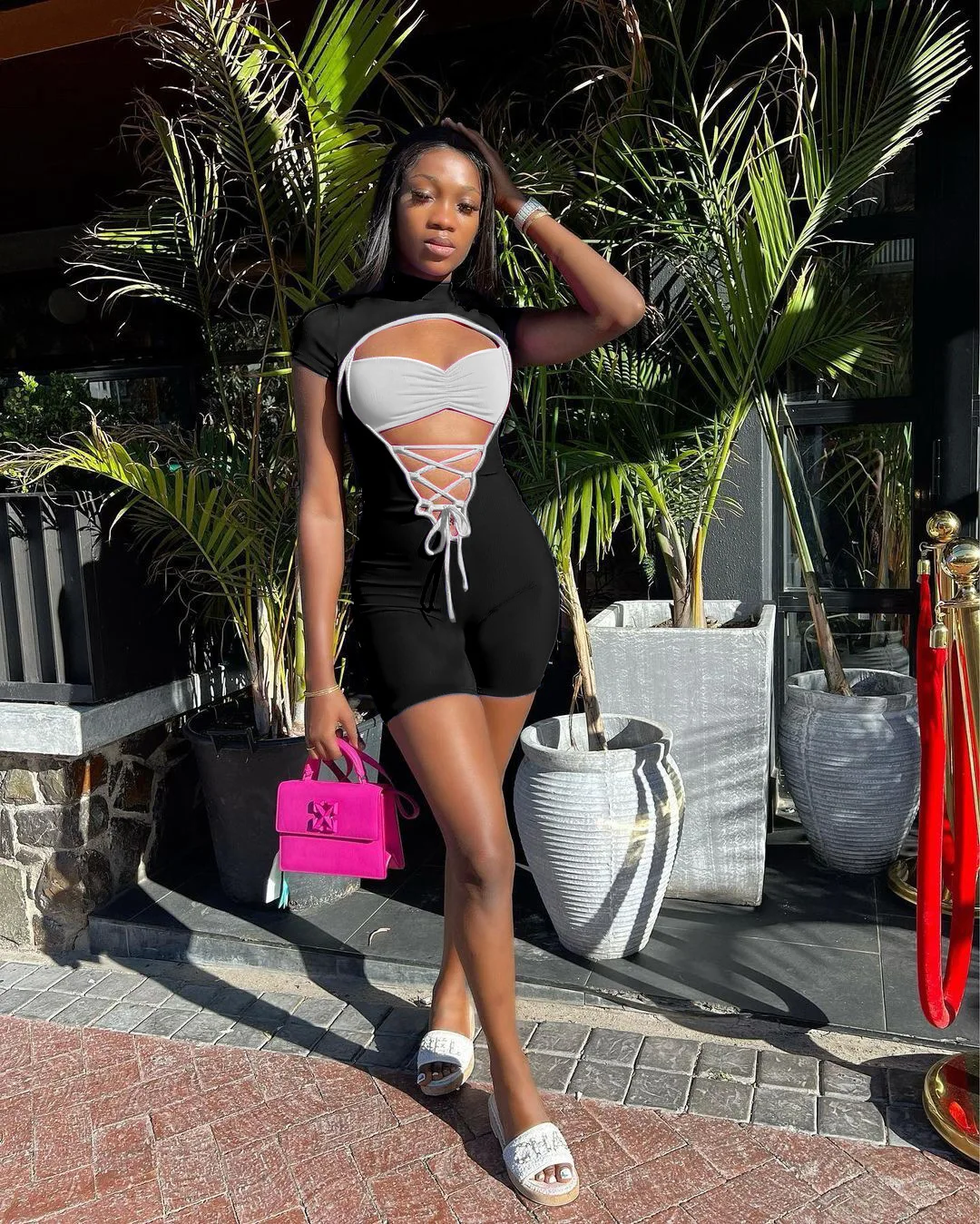 BKLD Women Summer 2023 Outfit Sexy Lace-Up Hollow Out Fahion Patchwork Casual Colorful Contrast One Pieces Rompers Shorts