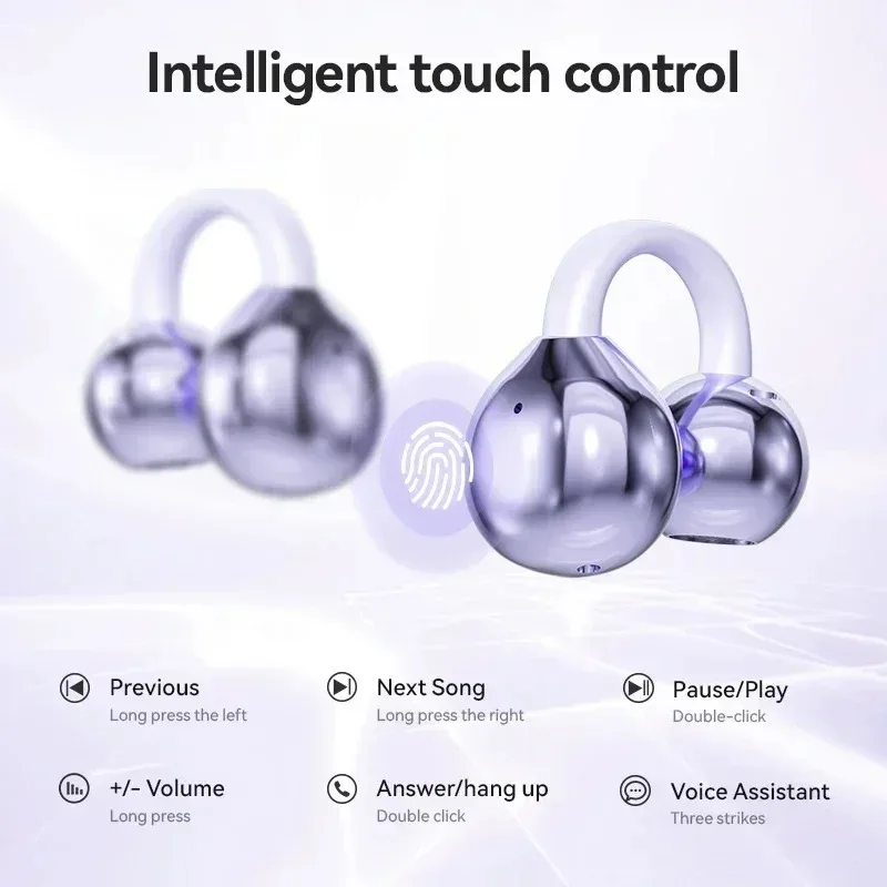 Wireless Bone Conduction Ear Clip Headphones - Waterproof Sport Earbuds with Digital Display