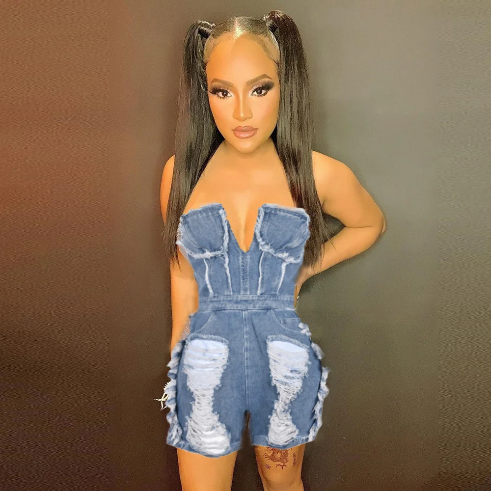 

Summer Sexy Hollow Hole Zipper Short Jumpsuit Off The Hsoulder Wrapped Chest Denim Jumpsuit For Women Solid Casual Straight
