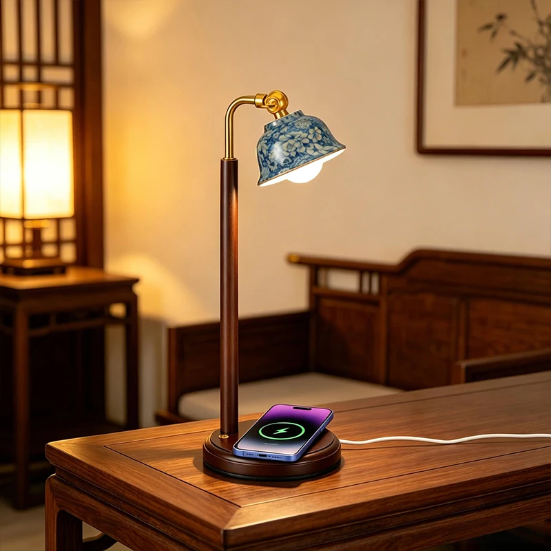 세라믹 데스크 램프, 15W Qi 무선 휴대폰 충전기, USB-C 전원, 3색 조명, 침실용 나무 테이블 램프