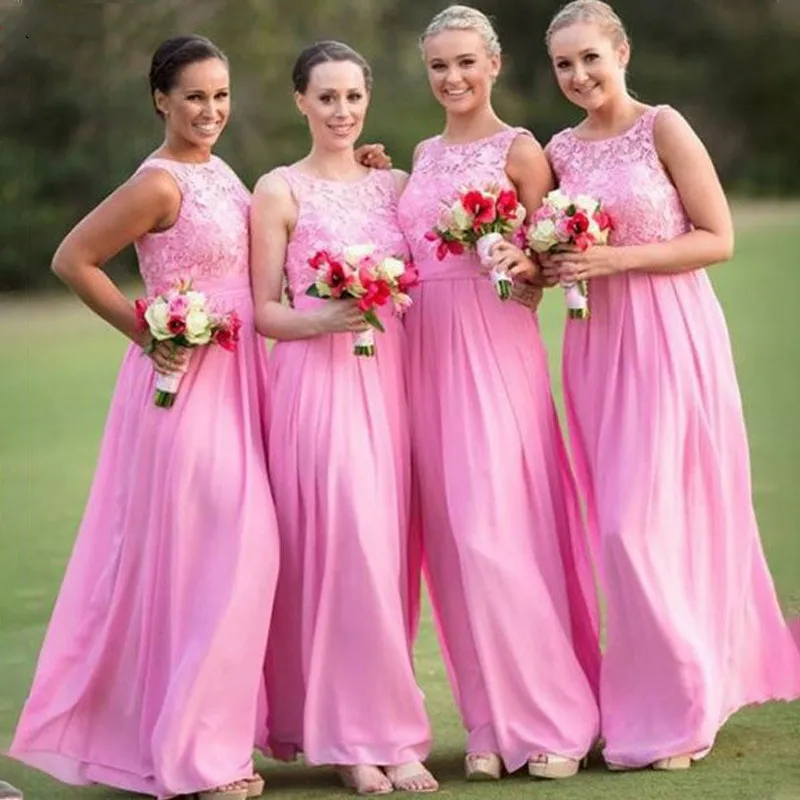 

Pink Vestido De Festa De Casamento Lace Chiffon Bridesmaid Dress Long Scoop Neck Elegant Robe Femme SoirÉE Floor Length Elbise