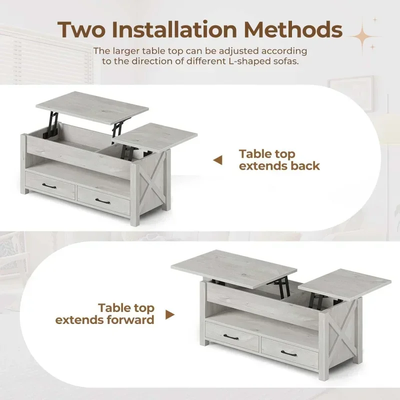 47.2" Lift Top Coffee Table with 2 Storage Drawers and Hidden Compartment Seventable Coffee Table ,Retro Center Table 4