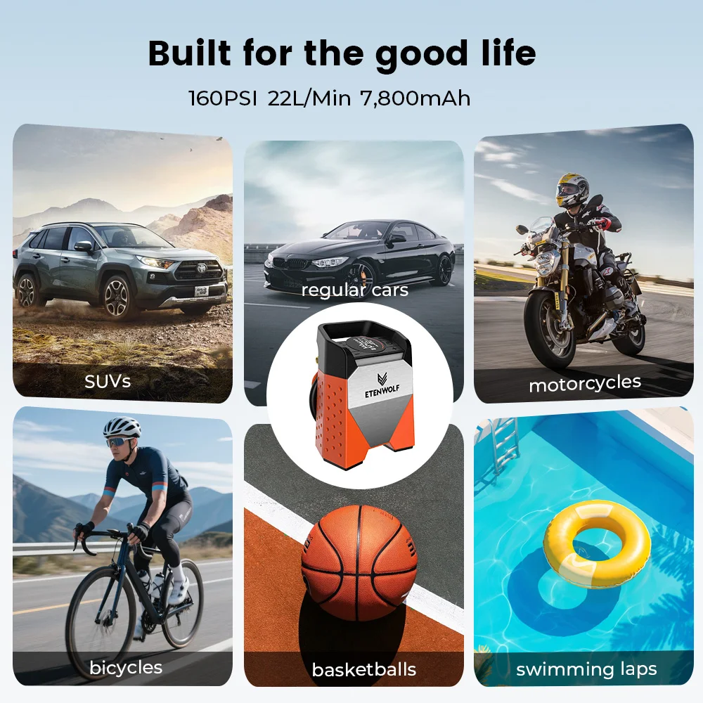 ETENWOLF ZEPHYR S3C Portable Air Compressor Electric Tire Inflator Air Compressor Pump Tire Inflator Duty Cycle Car Tire Inflator 7800mAh for Cars Motorcycles Bicycles Balls