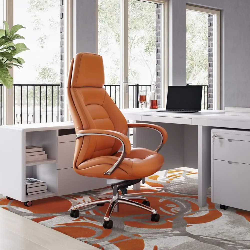 Genuine Leather Aluminum Base High Back Executive ChairHeavy People Ergonomic Back - Office Chair Orange 3