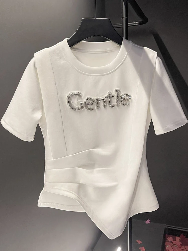 Summer Women\'s Short-sleeved Cotton T-shirt Round Neck Beaded Letters White Bottoming Shirt Ruffled Basic Paragraph Tops