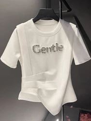 Summer Women's Short-sleeved Cotton T-shirt Round Neck Beaded Letters White Bottoming Shirt Ruffled Basic Paragraph Tops